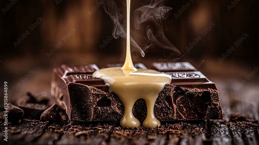 Obraz premium Pouring Cream Over Dark Chocolate Bar on Rustic Wooden Surface