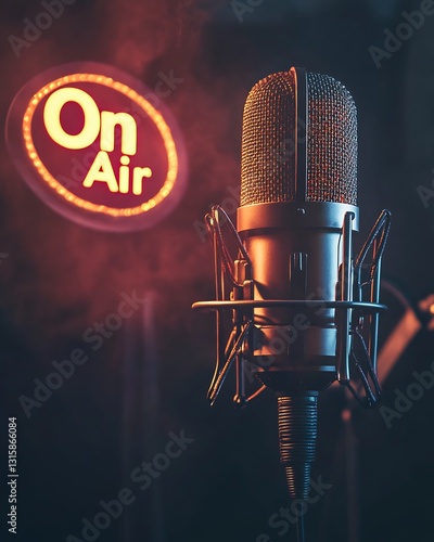 Close up of a sleek microphone paired with vibrant On Air sign highlighting a dynamic audio recording setting : Generative AI