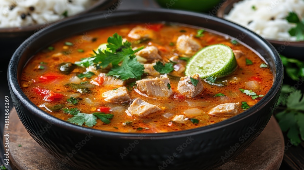 Spicy Tom Yum soup with fish, lime, and cilantro in a bowl. Perfect for illustrating articles about Thai cuisine or healthy eating. Spicy Tom Yum soup with fish, lime, and cilantro in a bowl. Perfect for illustrating articles about Thai cuisine or healthy eating.