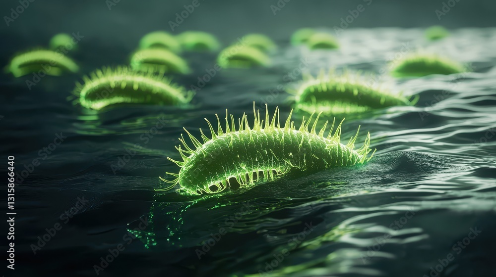 Glowing Microorganisms Floating in Dark Water at Night Time
