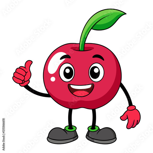 Cute Cherry character giving a thumbs up with smile, showing approval on white background