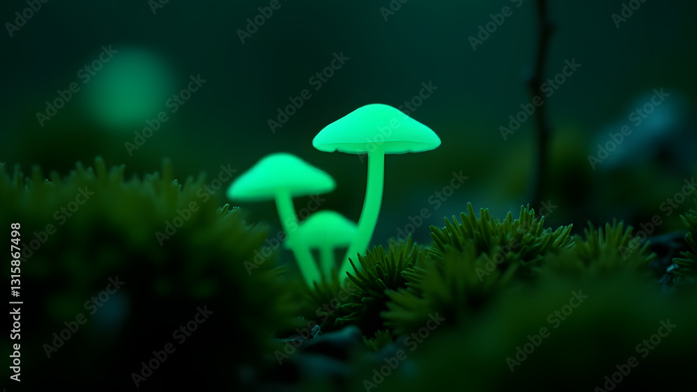 Fototapeta premium Bioluminescent Mycena chlorophos mushrooms glowing in a dark forest, showcasing their soft green light.