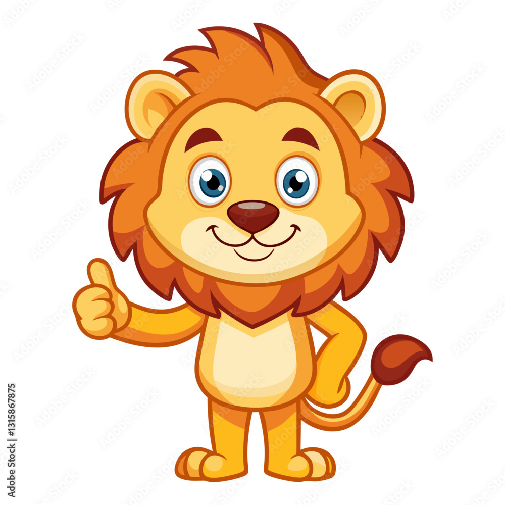 Fototapeta premium Cute Lion character giving a thumbs up with smile, showing approval on white background