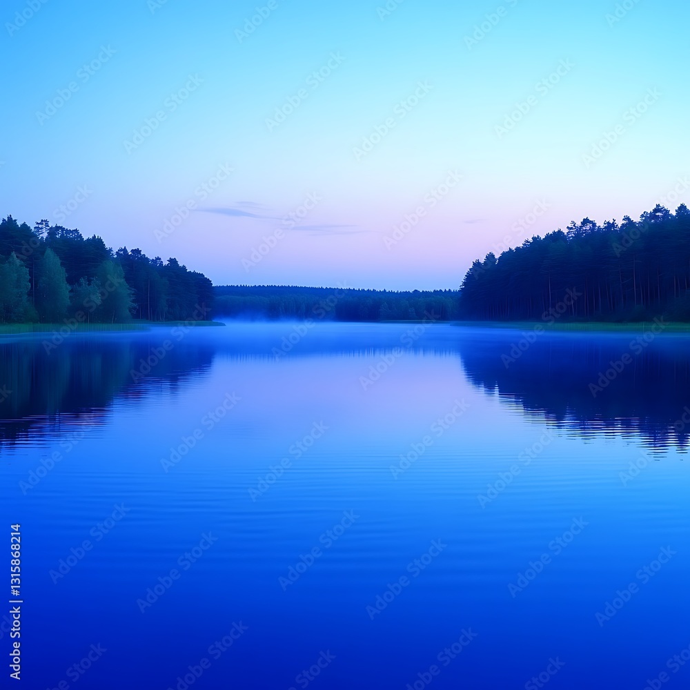 Fototapeta premium Serene dawn lake reflection, misty forest