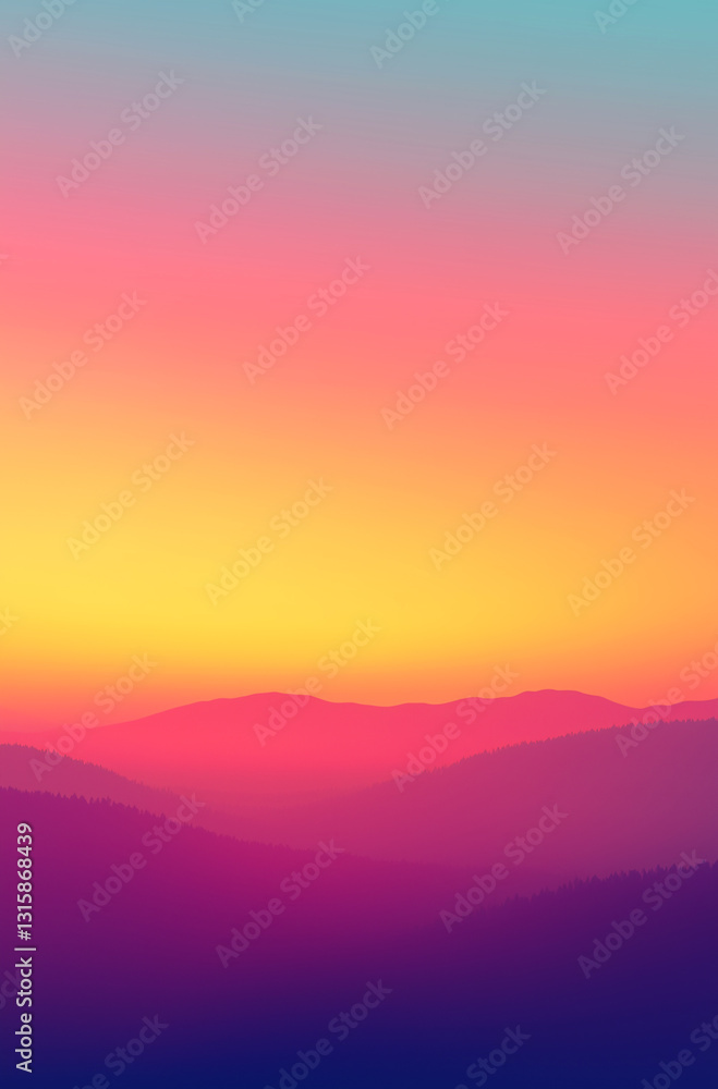 Obraz premium Beautiful sunset over a mountain range with a purple sky. The mountains are covered in trees and the sky is a mix of pink and blue