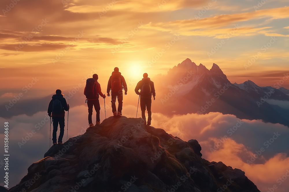 Group of hikers stands atop a mountain under a colorful sunrise, symbolizing achievement, leadership , companionship, and exploration. Group of hikers stands atop a mountain under a colorful sunrise, symbolizing achievement, leadership , companionship, and exploration.