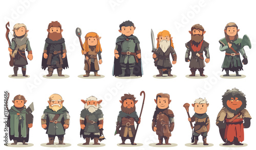 basic 2D vector set of fantasy avatars, including elves, orcs, and other mythical creatures