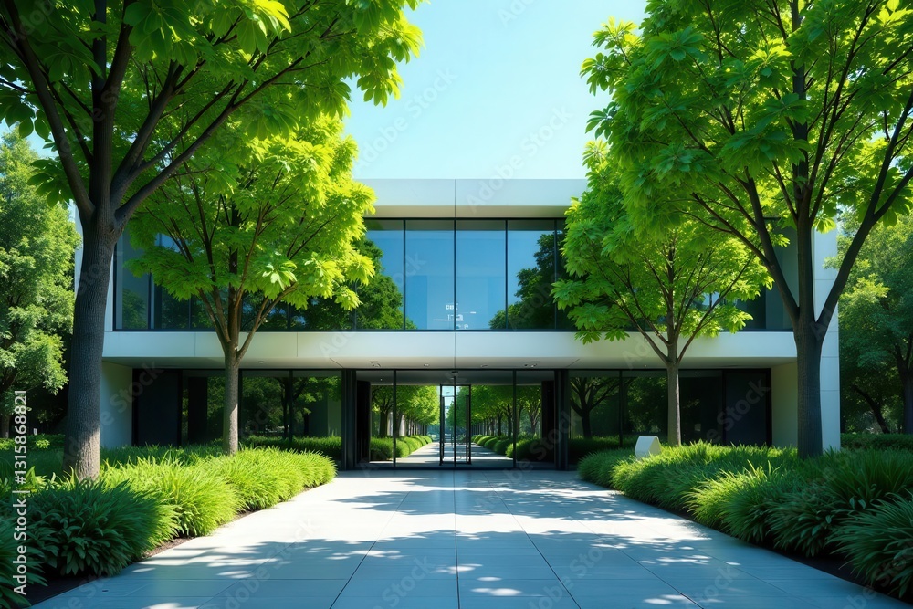 Naklejka premium Modern Architectural Design with Lush Greenery and a Serene Entranceway