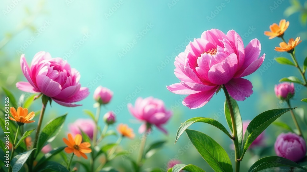 Obraz premium Vibrant Pink Peonies and Sunny Orange Flowers Bloom in a Lush Garden Setting under a Clear Sky