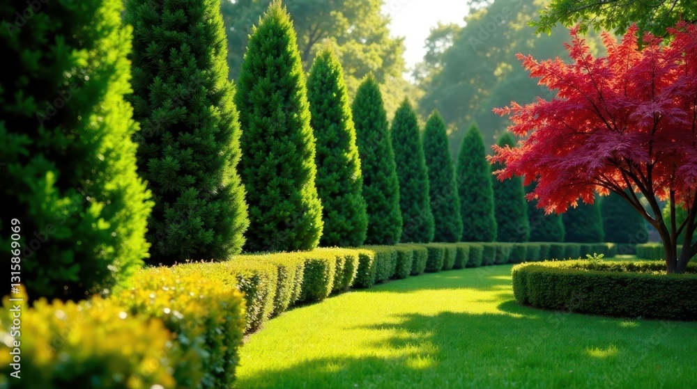Fototapeta premium Serene landscape design featuring a vibrant crimson tree amidst a row of meticulously trimmed evergreen trees and lush green hedges under the warm sunlight.