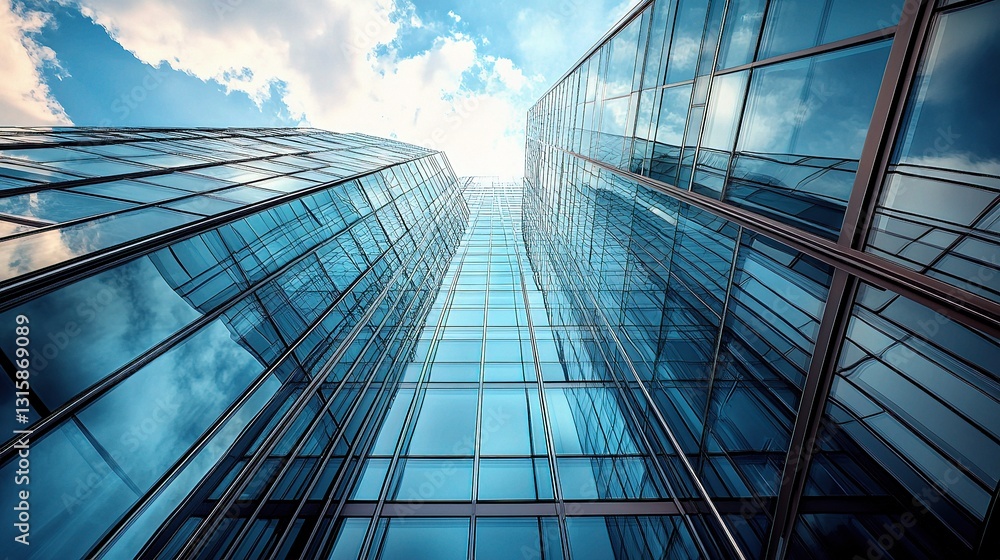 Modern Glass Tower in Urban Environment with Reflections and Sky Modern Glass Tower in Urban Environment with Reflections and Sky