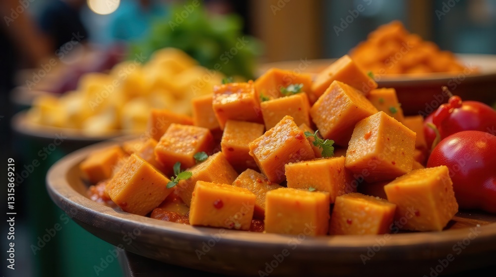 Appetizing Cubes of Spiced Cheese in Wooden Bowl with Garnish and Tomatoes Appetizing Cubes of Spiced Cheese in Wooden Bowl with Garnish and Tomatoes