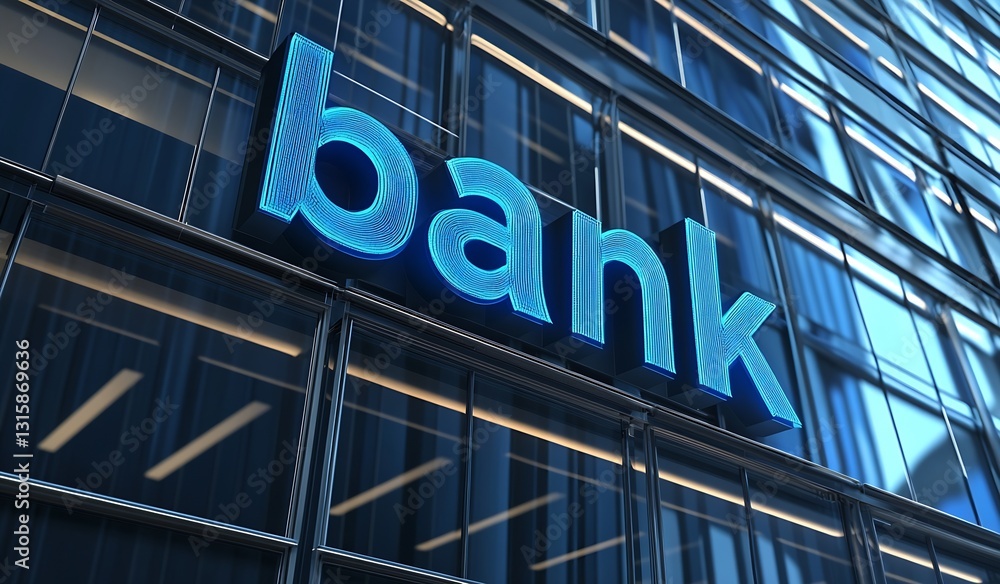 Striking image of a bank showcasing bold blue illuminated letters against a modern facade : Generative AI