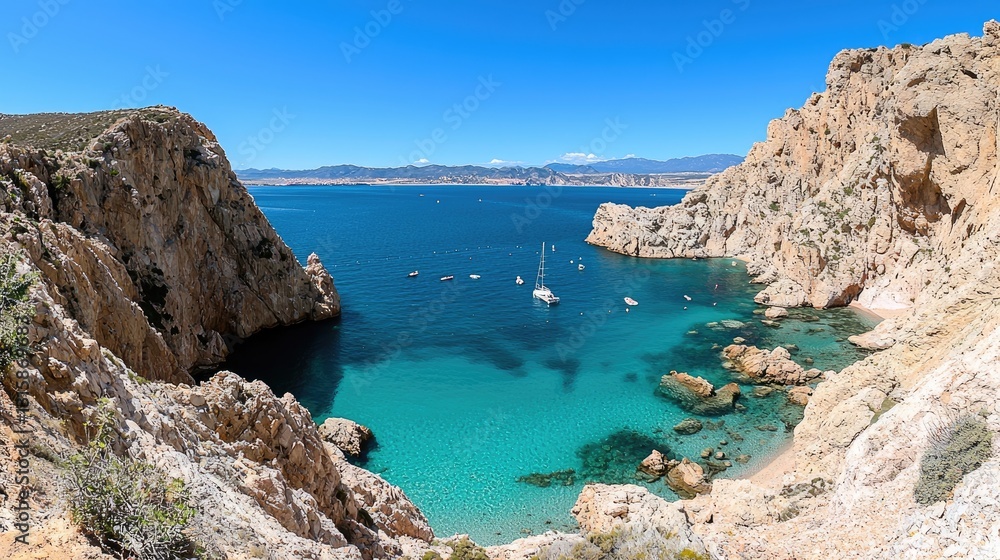 Panoramic View of a Sunny Cove Surrounded by Rocky Cliffs and Clear Blue Waters in a Coastal Landscape Panoramic View of a Sunny Cove Surrounded by Rocky Cliffs and Clear Blue Waters in a Coastal Landscape