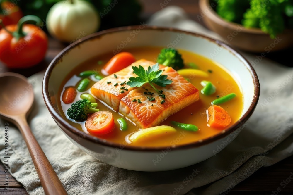 Aromatic Savory Salmon Stew with Mixed Vegetables in a Rich Broth Aromatic Savory Salmon Stew with Mixed Vegetables in a Rich Broth
