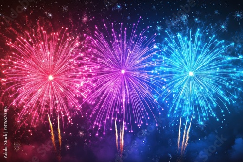 Vibrant fireworks display in pink, purple, and blue. Perfect for celebrating holidays, events, or adding festive flair to designs. photo