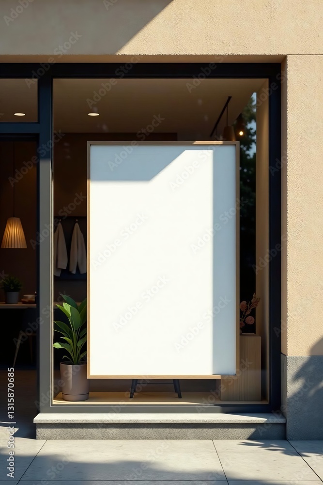 Clean, minimalist storefront with empty poster space for advertising, design, city Clean, minimalist storefront with empty poster space for advertising, design, city