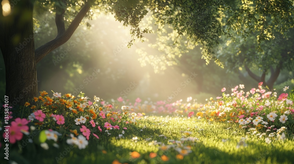Fototapeta premium Beautiful spring flowers blooming in a garden, with soft sunlight filtering through the trees 