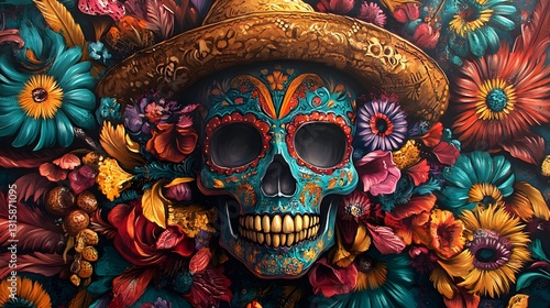 Wallpaper Mural Vibrant Sugar Skull Amidst a Floral Tapestry Torontodigital.ca