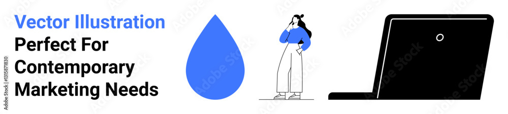Businesswoman contemplating strategy beside a laptop and droplet graphic. Ideal for innovation, creativity, tech, marketing, branding, startups, strategy visuals, flat landing page banner Businesswoman contemplating strategy beside a laptop and droplet graphic. Ideal for innovation, creativity, tech, marketing, branding, startups, strategy visuals, flat landing page banner