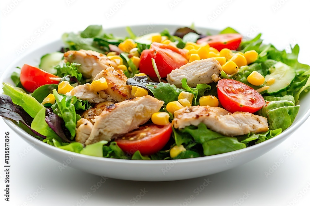 Delicious fresh salad with grilled chicken tomatoes and corn in a bowl garnished with colorful greens : Generative AI Delicious fresh salad with grilled chicken tomatoes and corn in a bowl garnished with colorful greens : Generative AI