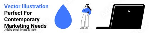Businesswoman contemplating strategy beside a laptop and droplet graphic. Ideal for innovation, creativity, tech, marketing, branding, startups, strategy visuals, flat landing page banner