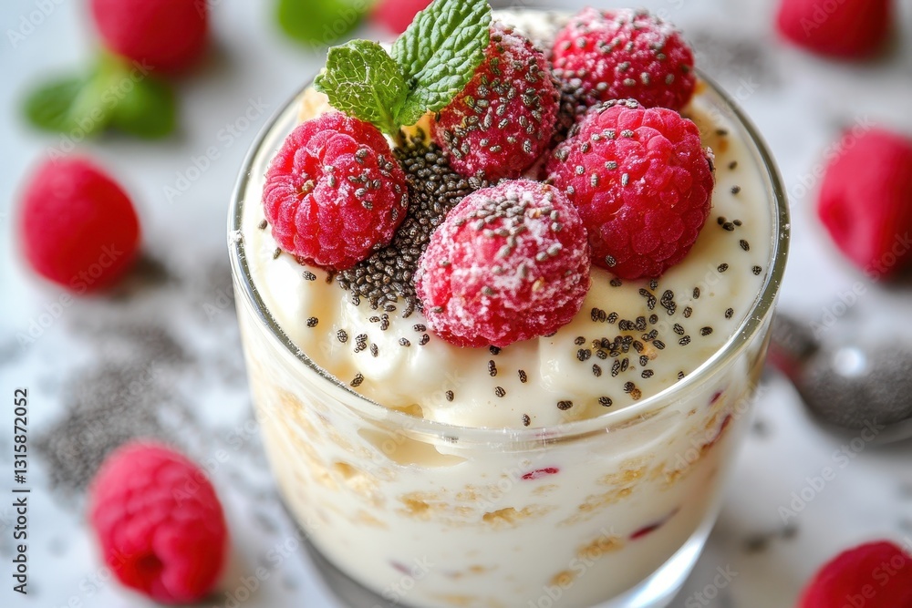 Yogurt parfait with raspberries, chia seeds, and mint. Perfect for healthy breakfast or dessert showcasing vibrant colors and textures. Yogurt parfait with raspberries, chia seeds, and mint. Perfect for healthy breakfast or dessert showcasing vibrant colors and textures.
