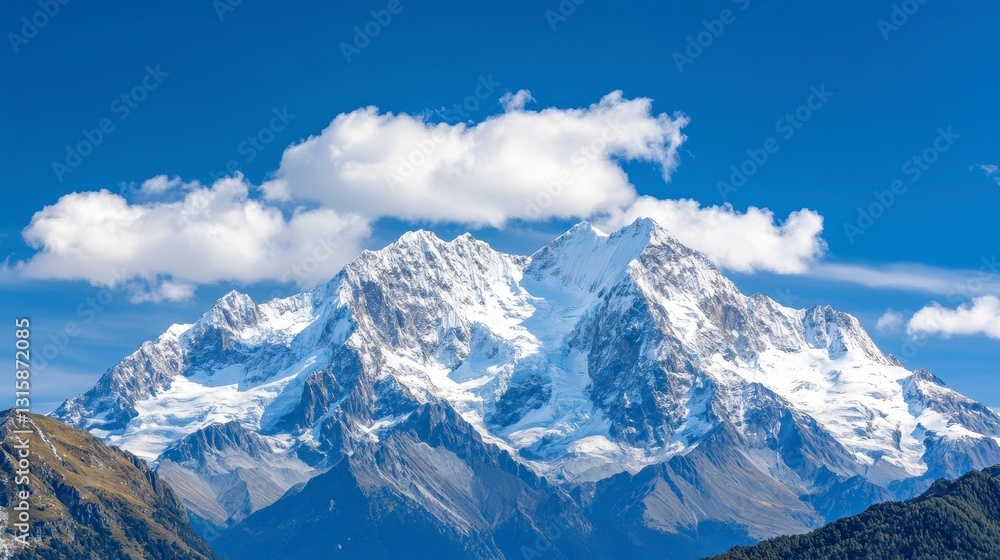 Obraz premium Majestic Snow-Capped Mountain Peaks Under Clear Blue Sky