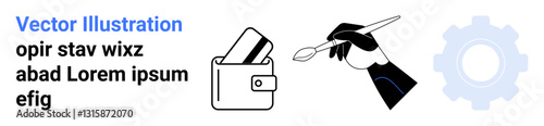 Hand holding brush creating wallet icon alongside colorful text snippets and gear symbol. Ideal for financial services, digital payments, creative arts, user interfaces, tech solutions, design