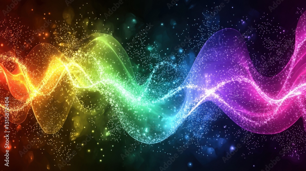 Colorful wave of light representing aligned frequencies and the vibrations of energy flowing through the universe
