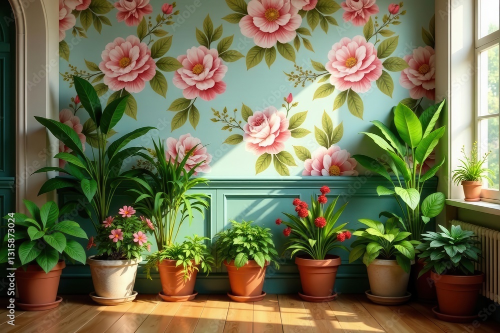 Fototapeta premium Sunlit Interior with Potted Plants and Floral Wallpaper Featuring Various Greenery in Terracotta Pots