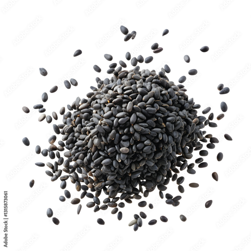 A Pile of Black Sesame Seeds in a Neat, Piled Stack Ready for Cooking or Garnishing. Cut out. A Pile of Black Sesame Seeds in a Neat, Piled Stack Ready for Cooking or Garnishing. Cut out.
