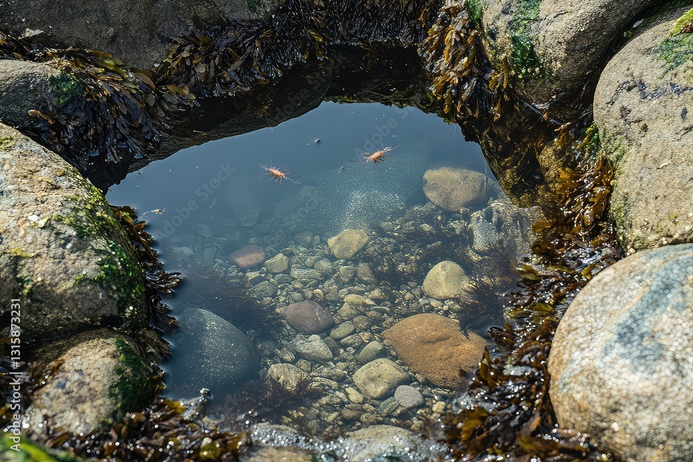 A shallow tide pool where tiny shrimp playfully leap between rocks. A shallow tide pool where tiny shrimp playfully leap between rocks.