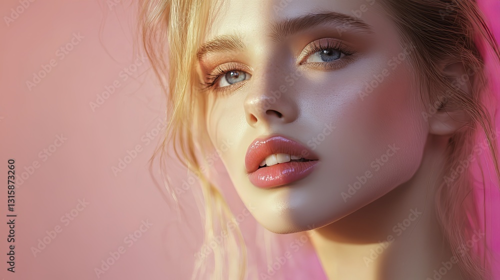 Beautiful model with bright pink lips showing a captivating headshot under dramatic side light against an abstract gradient background Beautiful model with bright pink lips showing a captivating headshot under dramatic side light against an abstract gradient background
