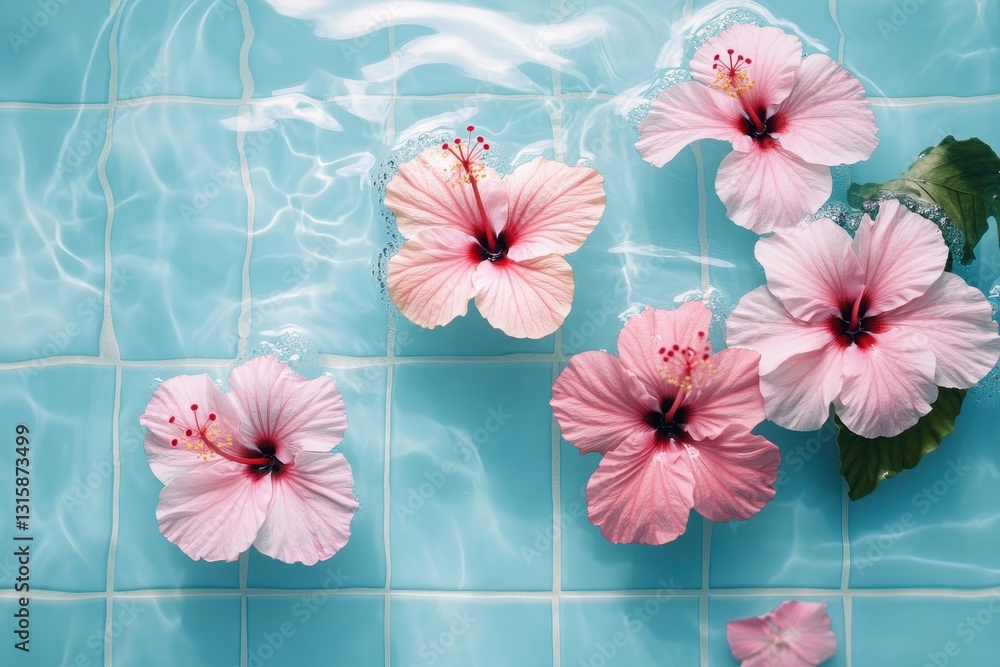 Obraz premium Pink hibiscus flowers float on a blue tiled pool. Perfect for spa, relaxation, or summer themes.