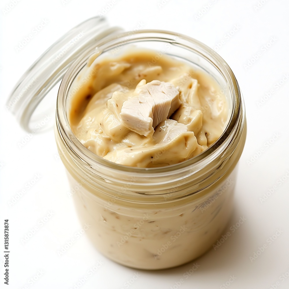 Delicious creamy dip in glass jar with chicken pieces showcasing rich texture and flavor for gourmet recipes : Generative AI Delicious creamy dip in glass jar with chicken pieces showcasing rich texture and flavor for gourmet recipes : Generative AI