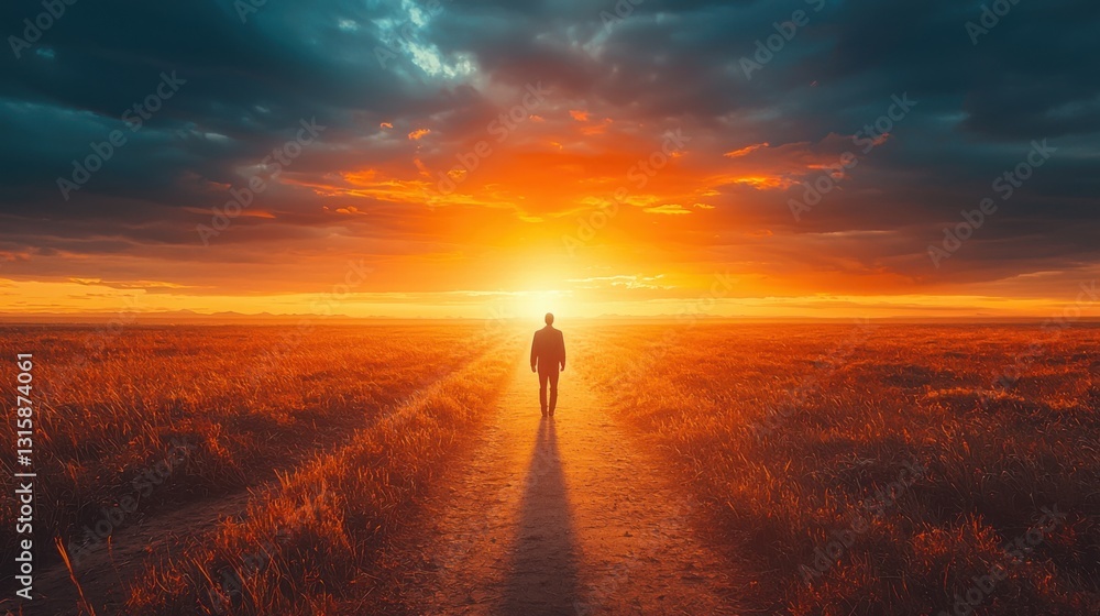 Individual walking along a peaceful path towards a stunning sunset symbolizing a bright future full of possibilities Individual walking along a peaceful path towards a stunning sunset symbolizing a bright future full of possibilities
