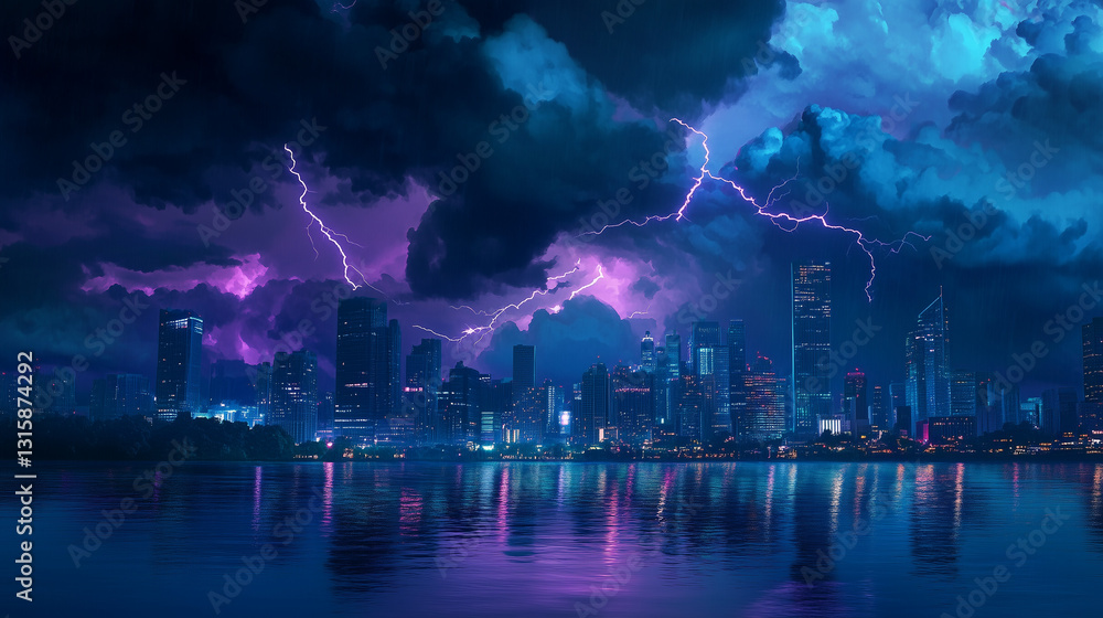 Obraz premium Stormy Night Over a City Skyline with Lightning