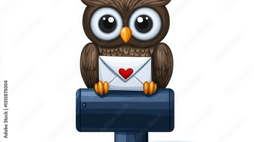 Obraz premium Cute Owl Sitting on Mailbox with Love Letter in Envelope