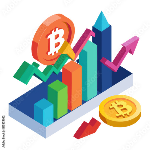 Colorful cryptocurrency market illustration with Bitcoin symbols and fluctuating graphs, depicting volatility and dynamic trends