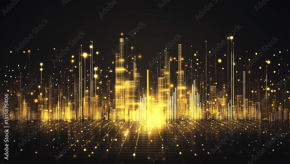 Captivating digital landscape featuring glowing golden bars in a mesmerizing abstract city night scene : Generative AI Captivating digital landscape featuring glowing golden bars in a mesmerizing abstract city night scene : Generative AI