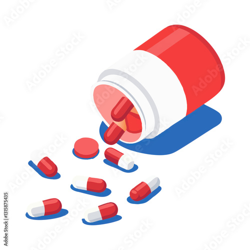 red and white medicine bottle is tipped over, spilling red and white capsules and tablets onto white surface, illustrating healthcare concept