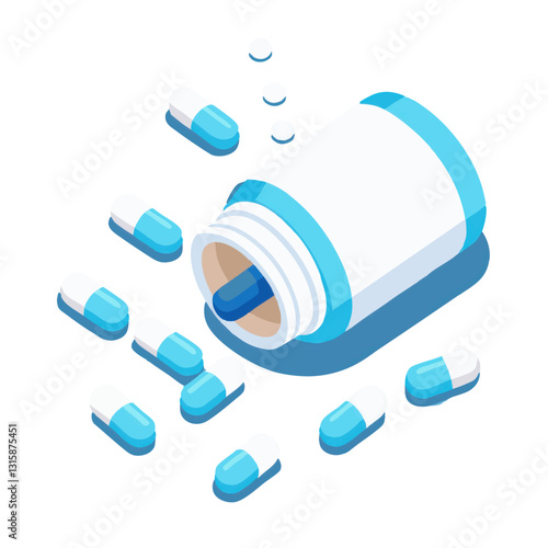 white plastic pill bottle with light blue and white capsules is shown, some spilling out onto surface. image is simple and clean, emphasizing medical theme