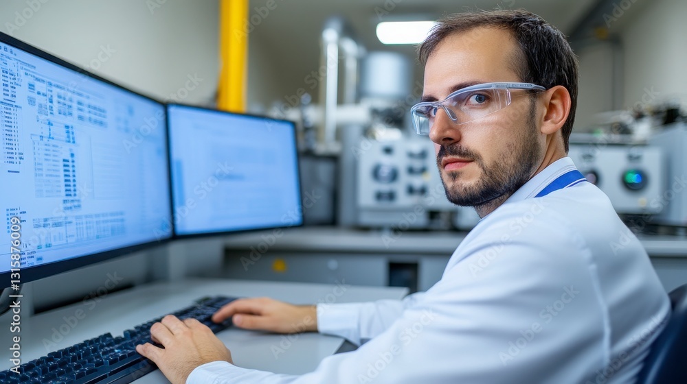 Scientist Analyzing Data on Computer in High-Tech Laboratory Setting Scientist Analyzing Data on Computer in High-Tech Laboratory Setting