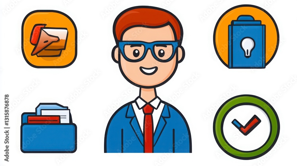 Fototapeta premium Professional character with business icons and paperwork elements