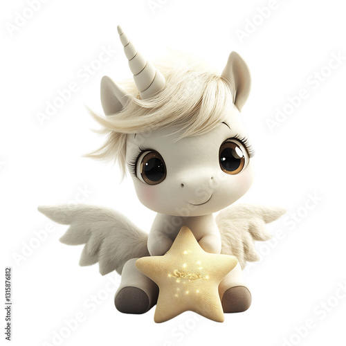 A Fluffy 3D Cartoon Pegasus Foal with Tiny Fluffy Wings Isolated on Transparent Background
