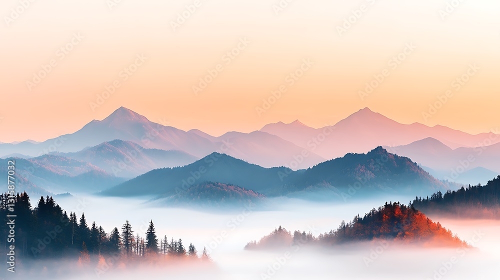 Fototapeta premium Serene sunrise over misty mountains nature landscape tranquil environment scenic view