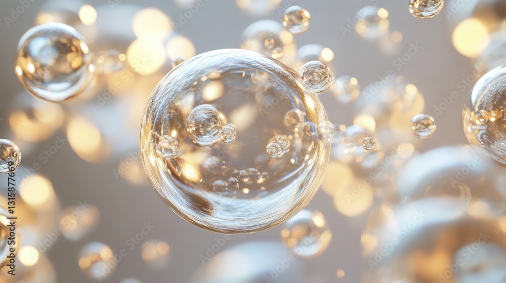 Fototapeta premium Numerous transparent bubbles floating with illuminated blurred background effects