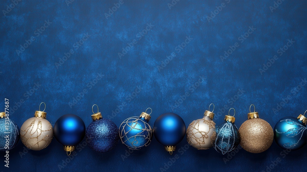 Blue and gold Christmas baubles line a dark blue background. Perfect for holiday cards, websites, or winter-themed designs. Blue and gold Christmas baubles line a dark blue background. Perfect for holiday cards, websites, or winter-themed designs.