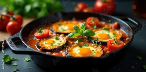 Wallpaper Mural Savory Egg and Eggplant Dish in a Cast Iron Skillet with a Rich Tomato-Based Sauce and Fresh Herbs Torontodigital.ca